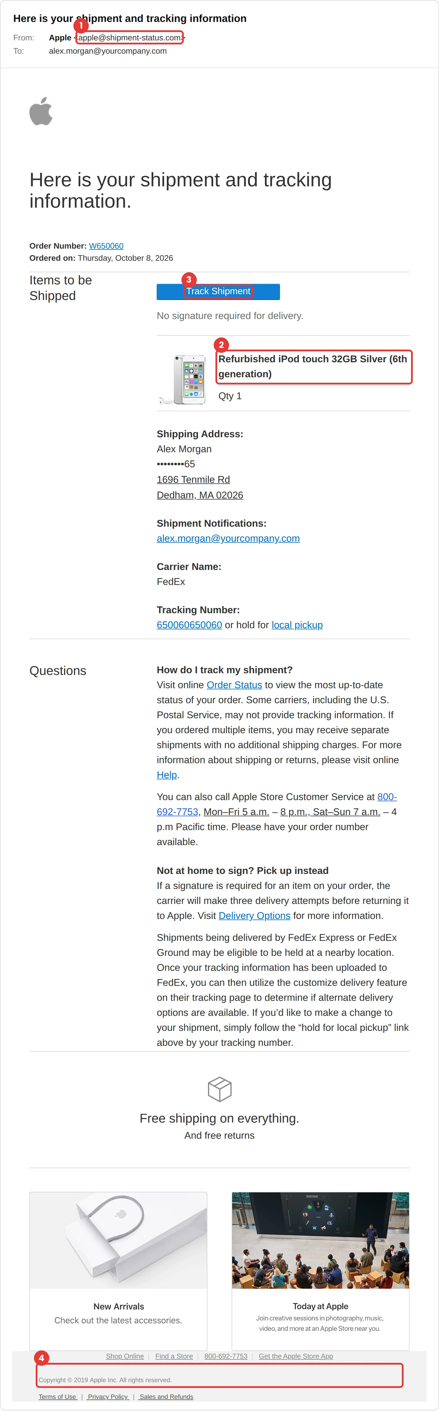 Apple phishing email example: “Here is your shipment and tracking information,” sent from apple@shipment-status.com, confirming a refurbished iPod touch order with a Track Shipment button.