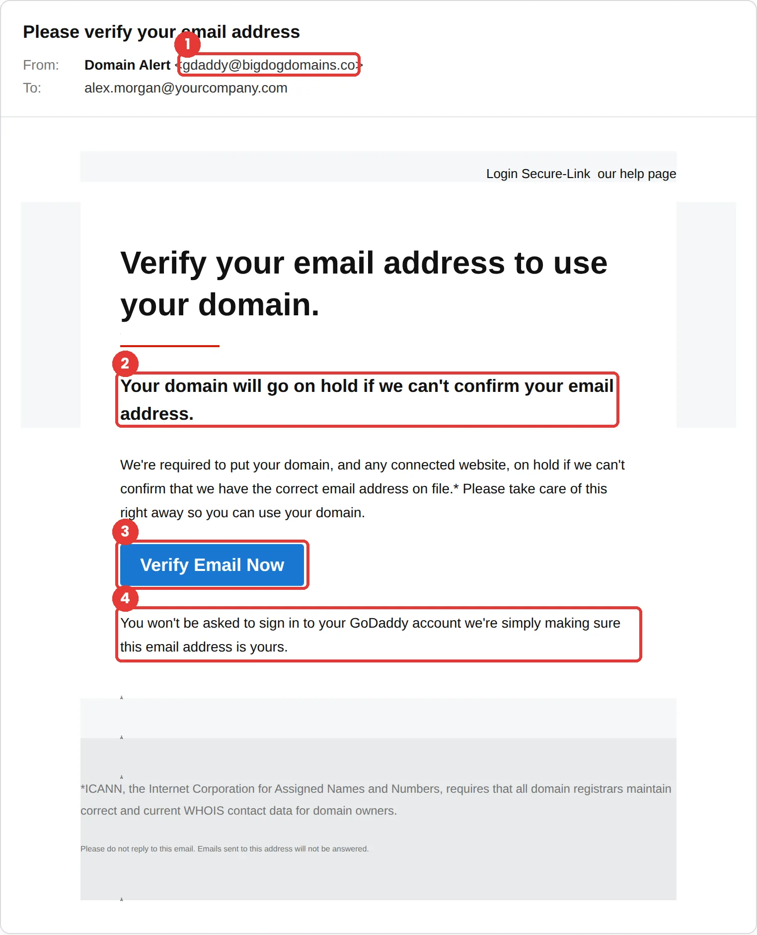GoDaddy phishing email example: “Please verify your email address,” sent from gdaddy@bigdogdomains.co, warning your domain will go on hold unless you click Verify Email Now.