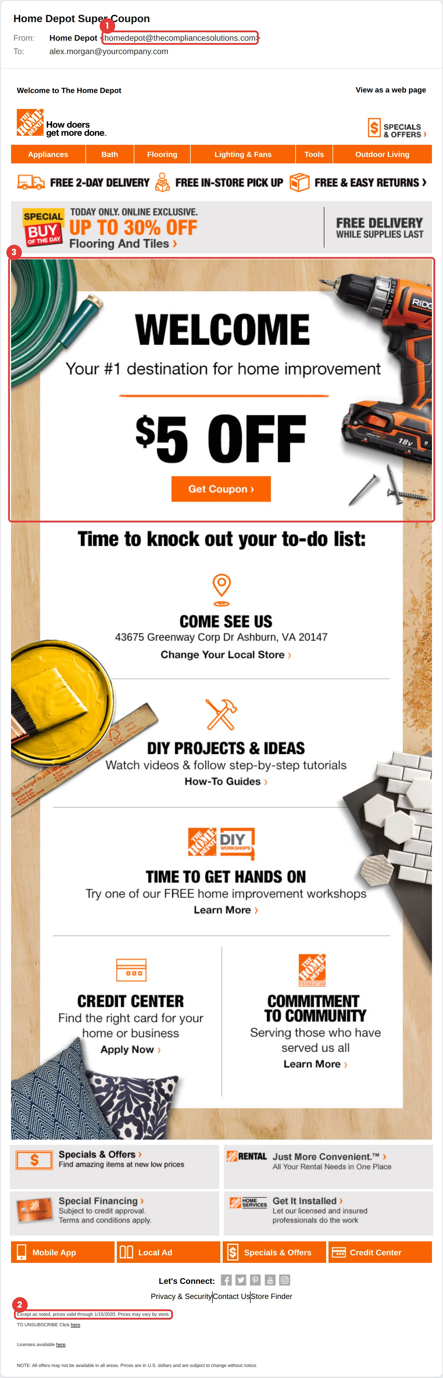 Home Depot phishing email example: “Home Depot Super Coupon” from homedepot@thecompliancesolutions.com, offering $5 off with a Get Coupon button.